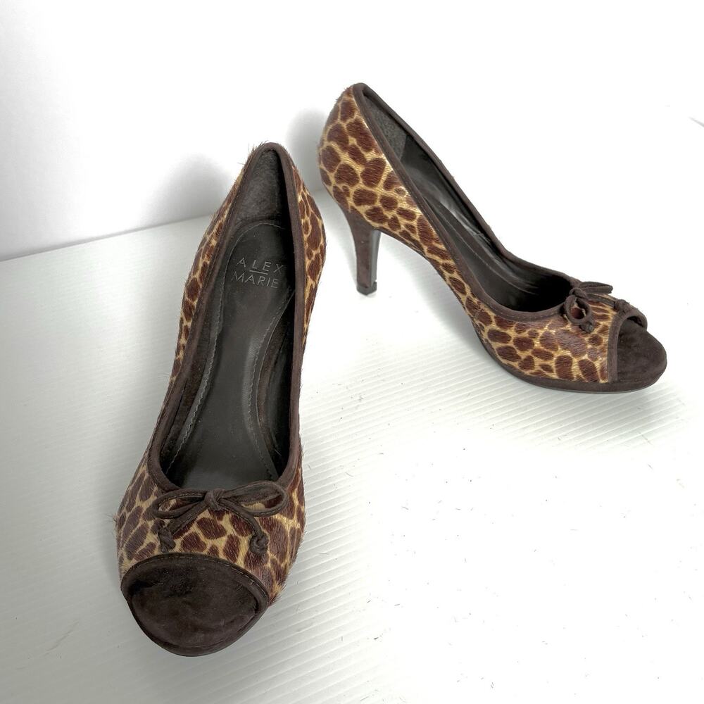 Alex Marie Shoes Heels Cheetah Peep Toe Pumps Brown Animal Hair Bow Women’s 7.5